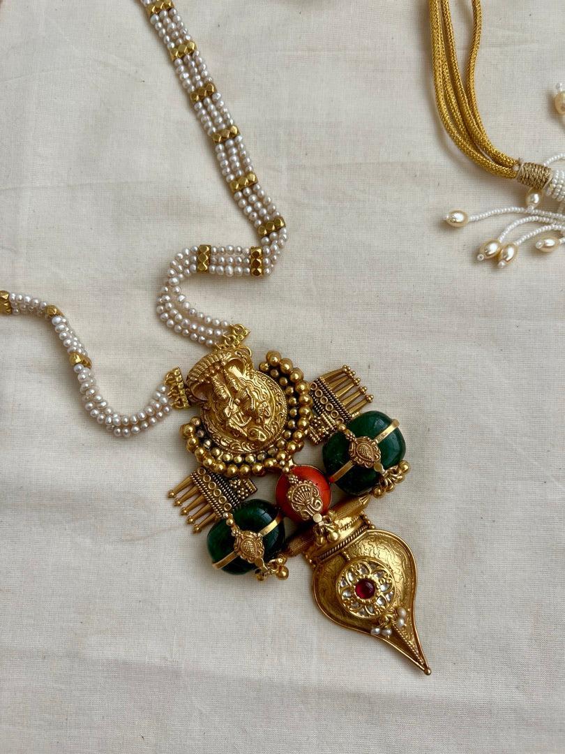 Gold polish antique style long necklace with coral & green jade natural stones-Silver Neckpiece-CI-House of Taamara