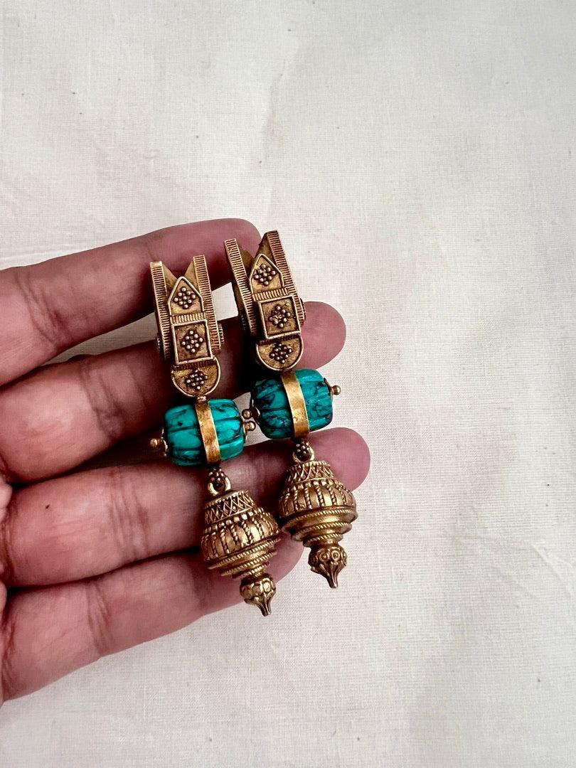 Gold polish antique tali style earrings with turquoise stone-Earrings-CI-House of Taamara