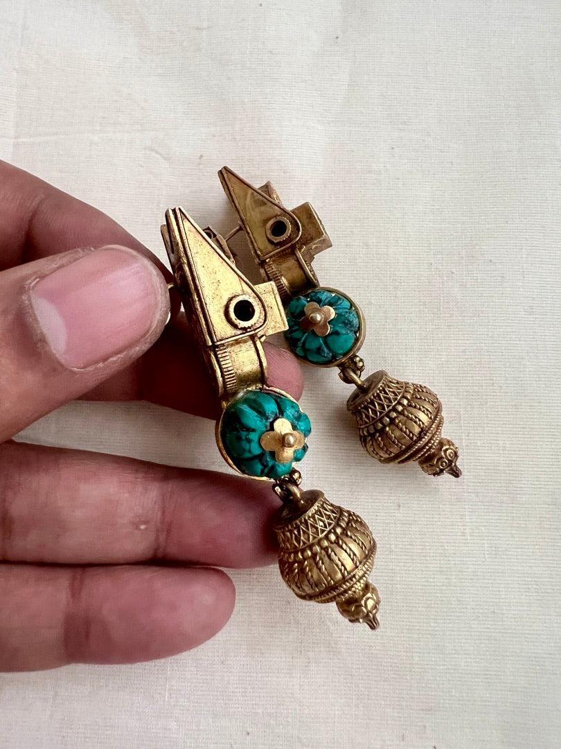 Gold polish antique tali style earrings with turquoise stone-Earrings-CI-House of Taamara
