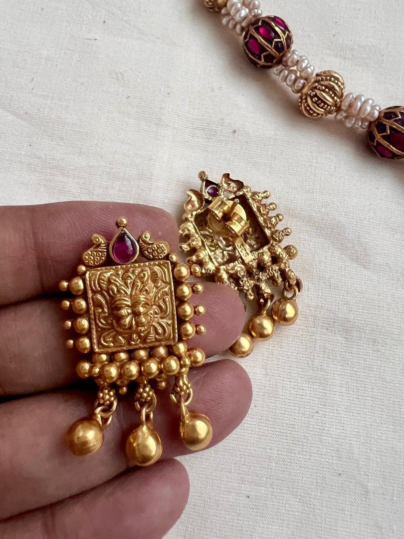 Gold polish beaded necklace with pearls & nakshi & ruby beads, SET-Silver Neckpiece-CI-House of Taamara