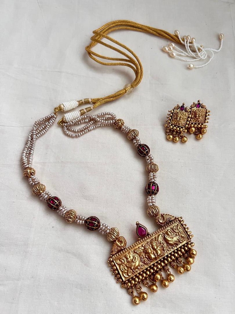 Gold polish beaded necklace with pearls & nakshi & ruby beads, SET-Silver Neckpiece-CI-House of Taamara