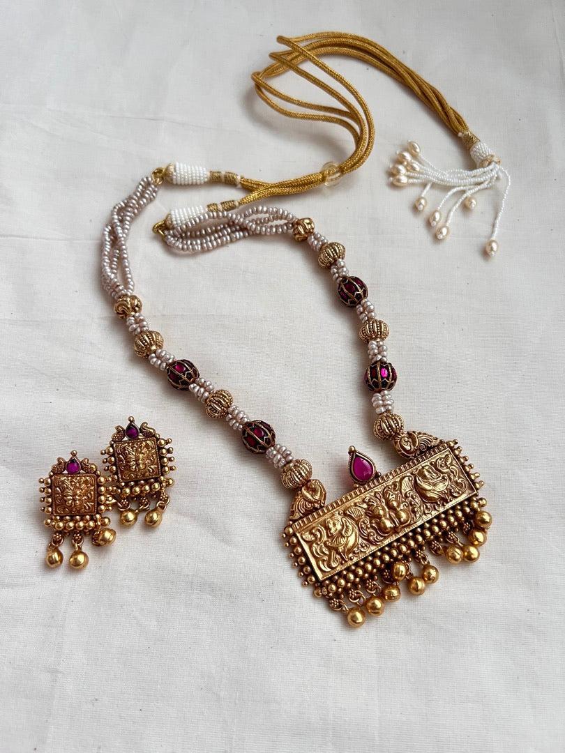 Gold polish beaded necklace with pearls & nakshi & ruby beads, SET-Silver Neckpiece-CI-House of Taamara