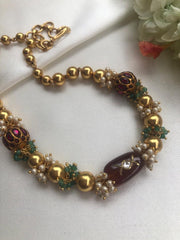 Gold polish beads with kundan beads & brown jade stone necklace-Silver Neckpiece-PL-House of Taamara