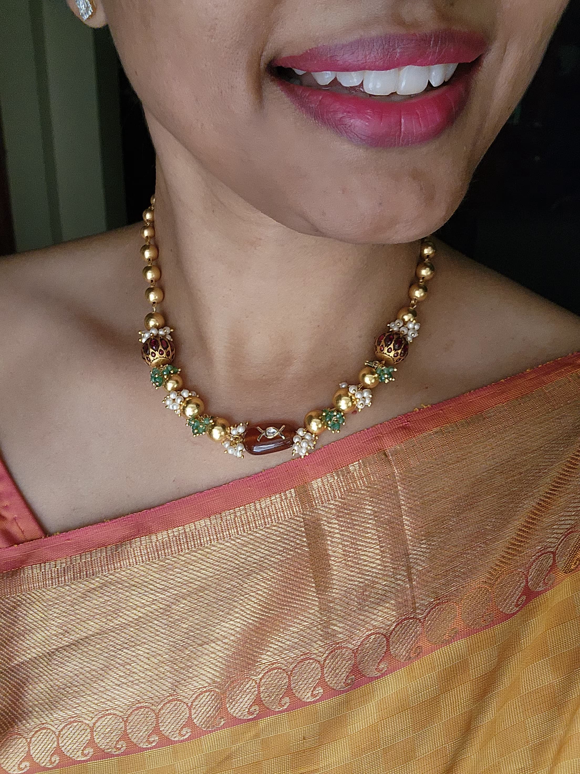 Gold polish beads with kundan beads & brown jade stone necklace-Silver Neckpiece-PL-House of Taamara