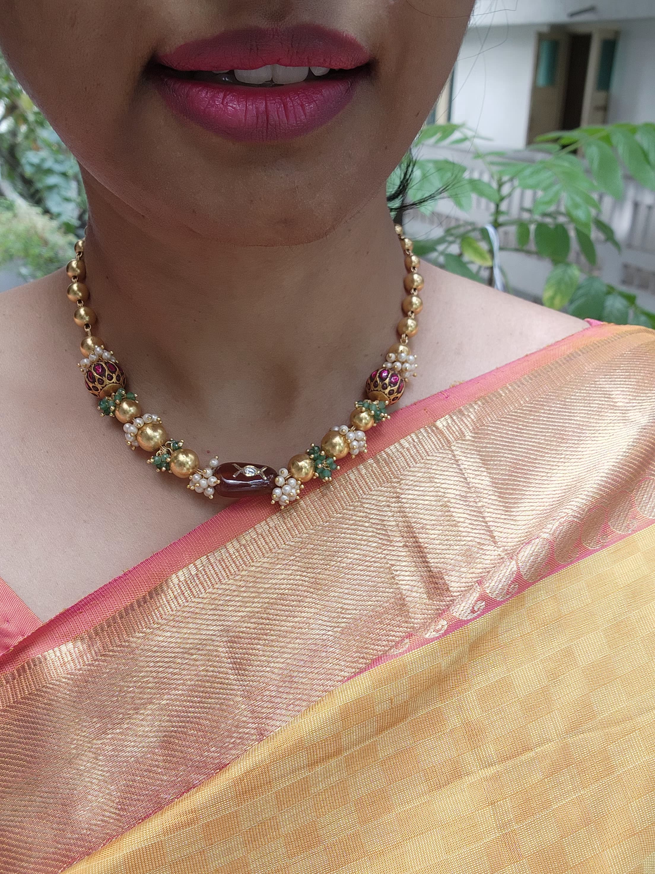 Gold polish beads with kundan beads & brown jade stone necklace-Silver Neckpiece-PL-House of Taamara