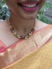 Gold polish beads with kundan beads & brown jade stone necklace-Silver Neckpiece-PL-House of Taamara