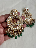 Gold polish big kundan chandali earrings with pearls & jade beads-Earrings-CI-House of Taamara