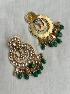 Gold polish big kundan chandali earrings with pearls & jade beads-Earrings-CI-House of Taamara