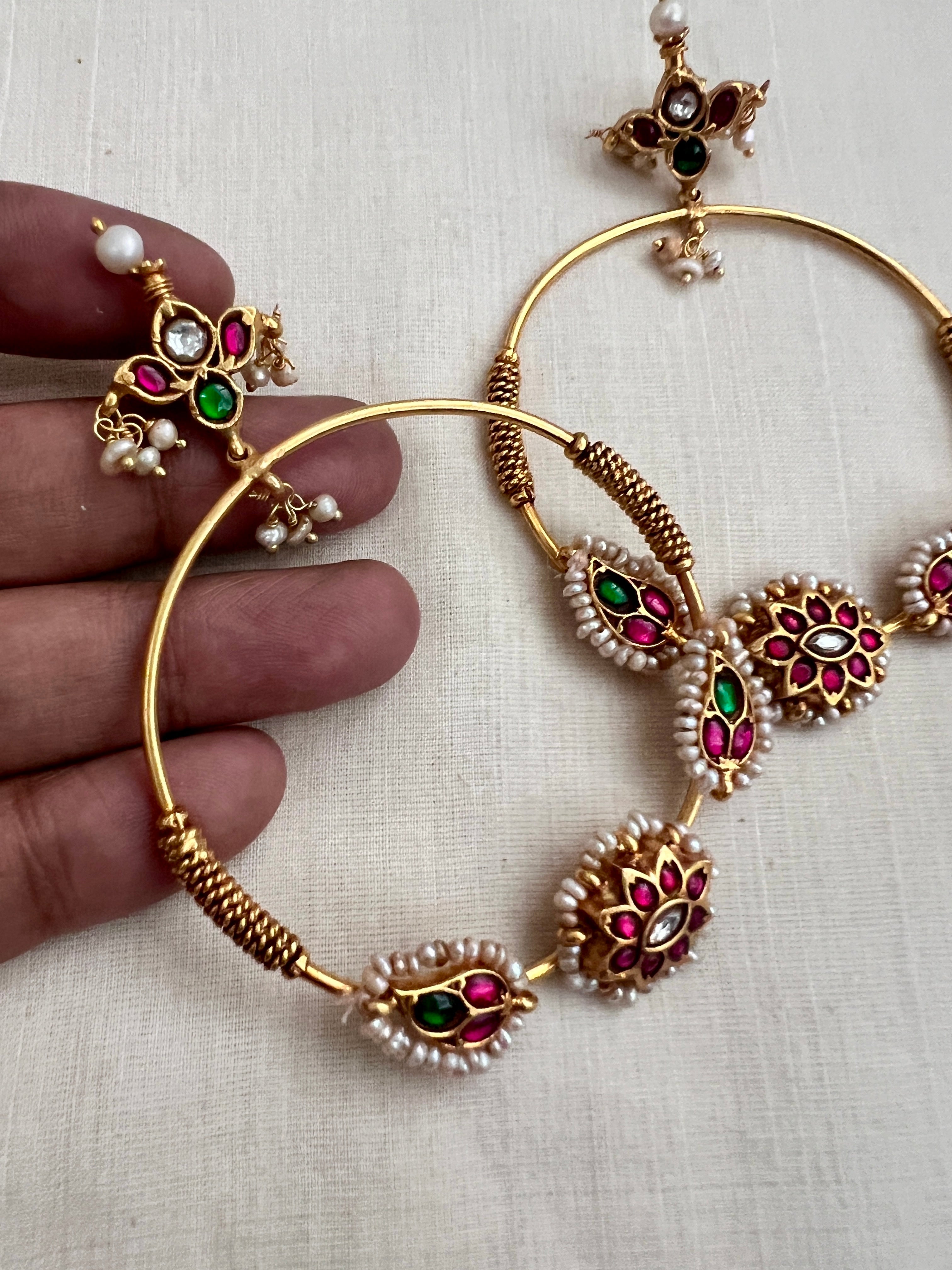 Gold polish big round earrings with kundan, ruby & emeralds-Earrings-CI-House of Taamara