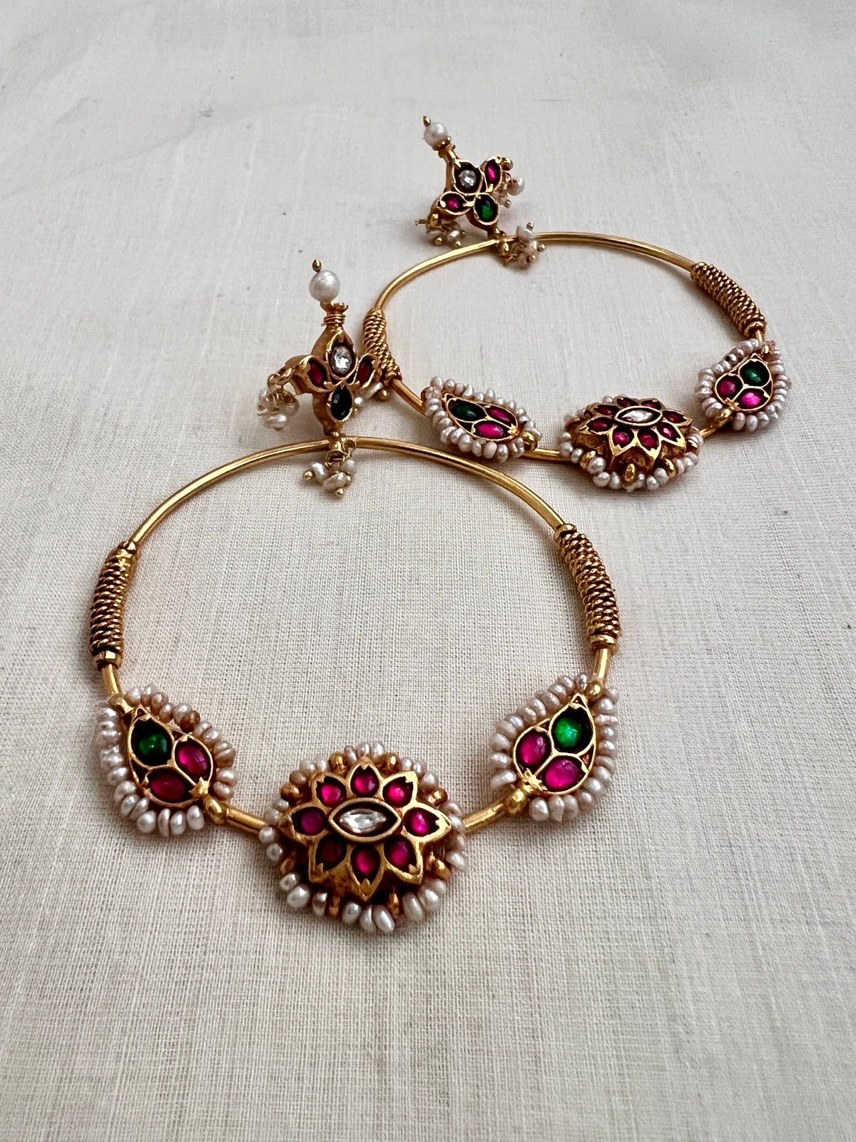 Gold polish big round earrings with kundan, ruby & emeralds-Earrings-CI-House of Taamara