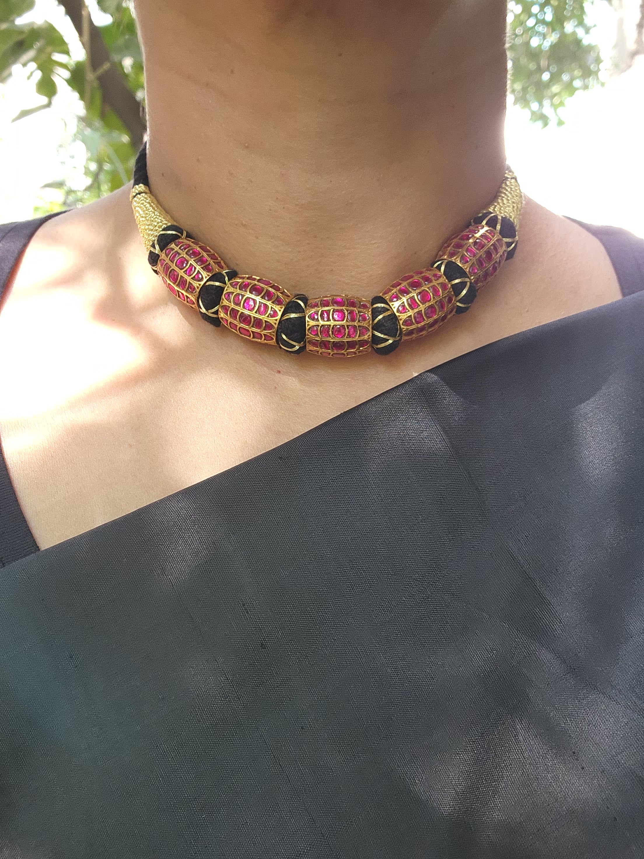Gold polish big ruby beads stringed necklace-Silver Neckpiece-CI-House of Taamara