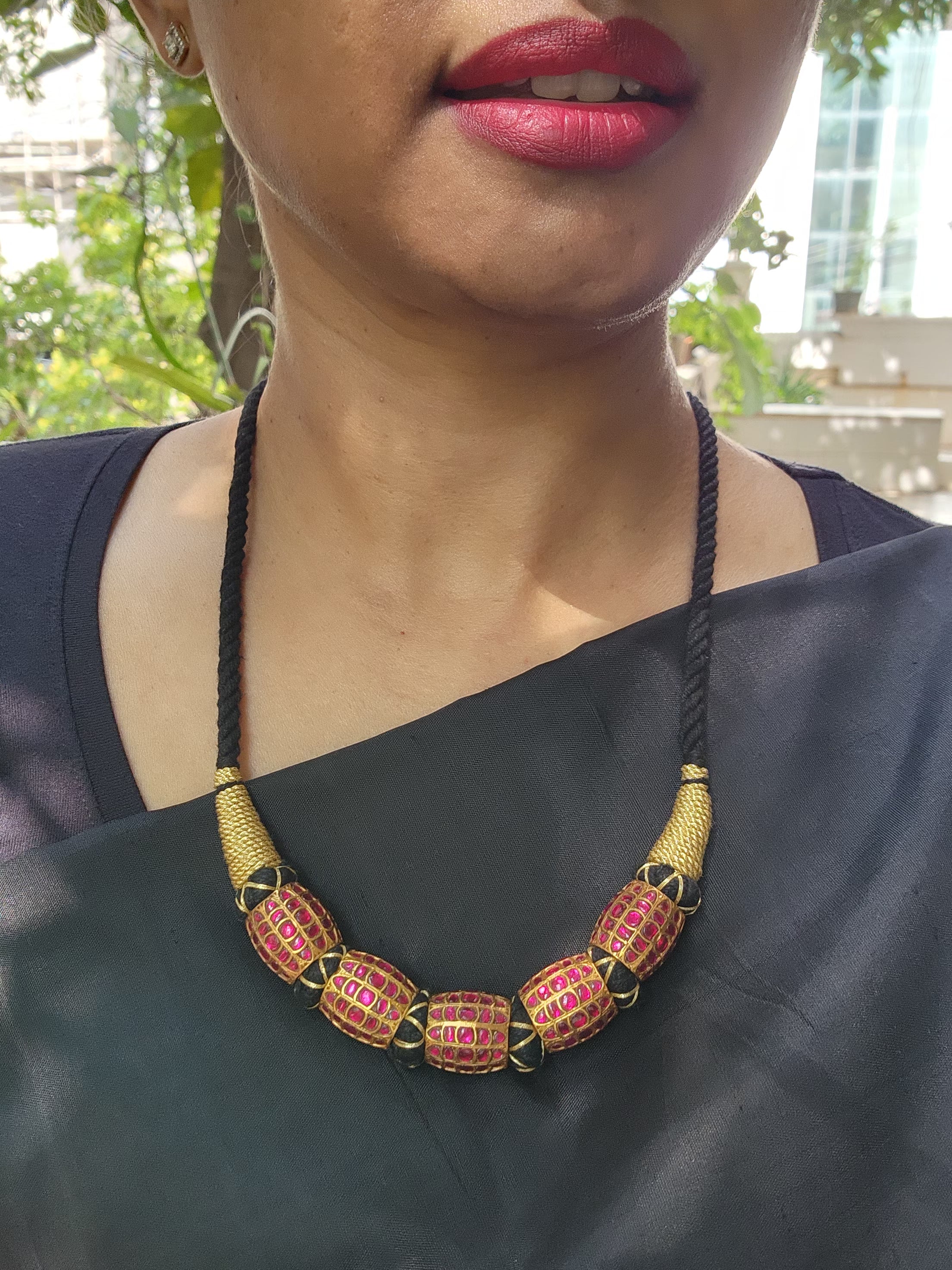 Gold polish big ruby beads stringed necklace-Silver Neckpiece-CI-House of Taamara