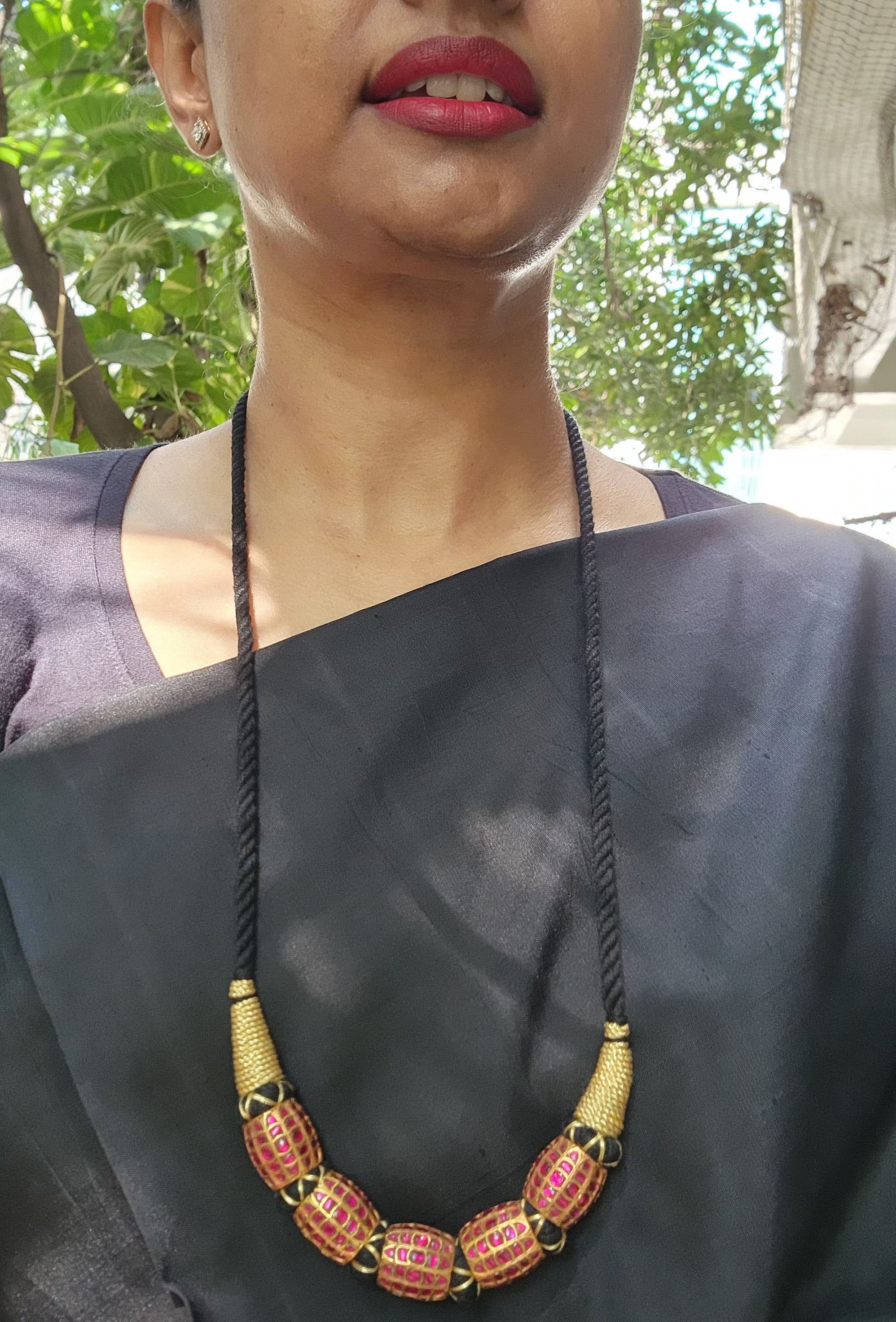 Gold polish big ruby beads stringed necklace-Silver Neckpiece-CI-House of Taamara