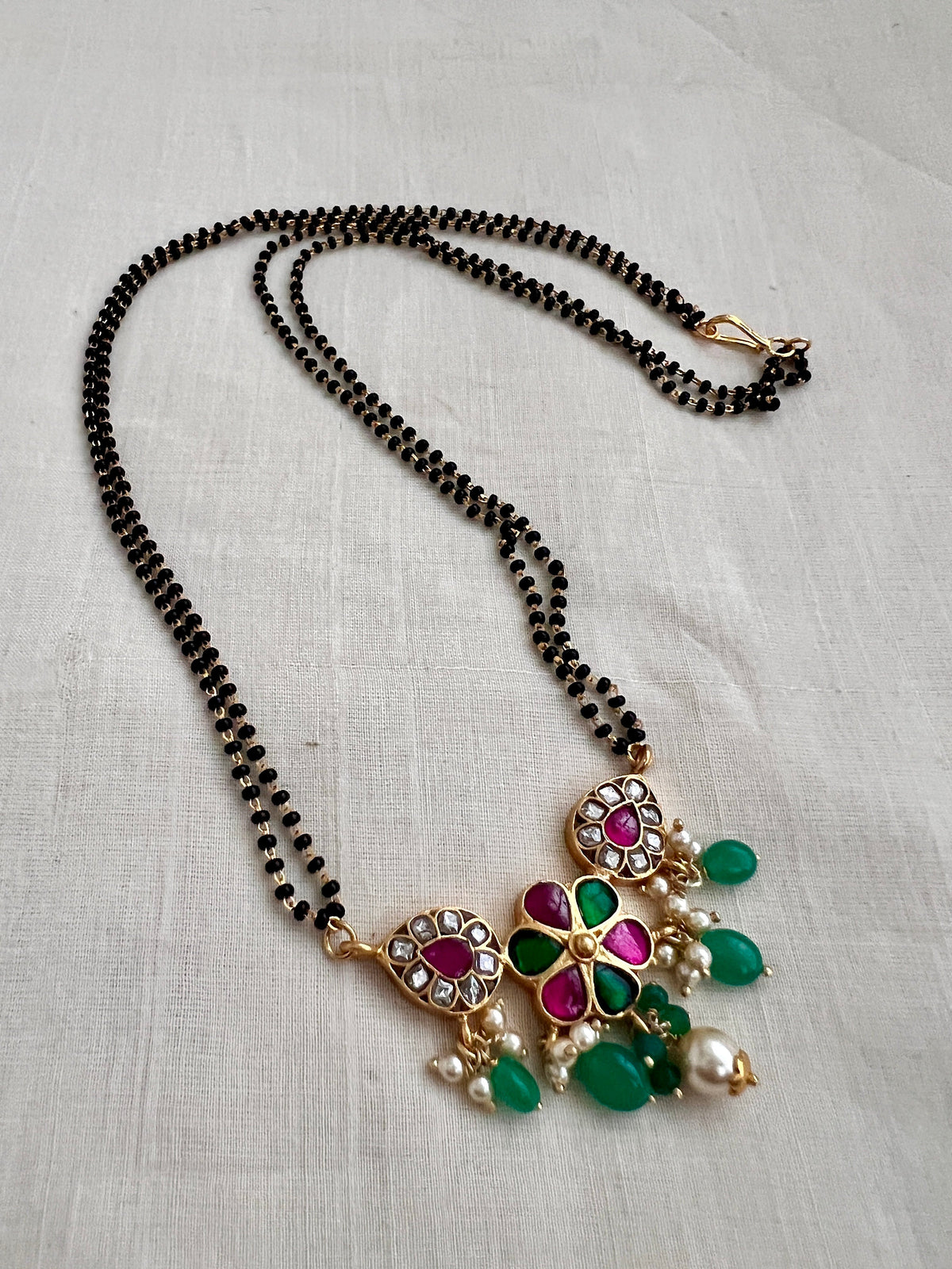Gold polish black bead mangalsutra/tali style long chain-Silver Neckpiece-CI-House of Taamara