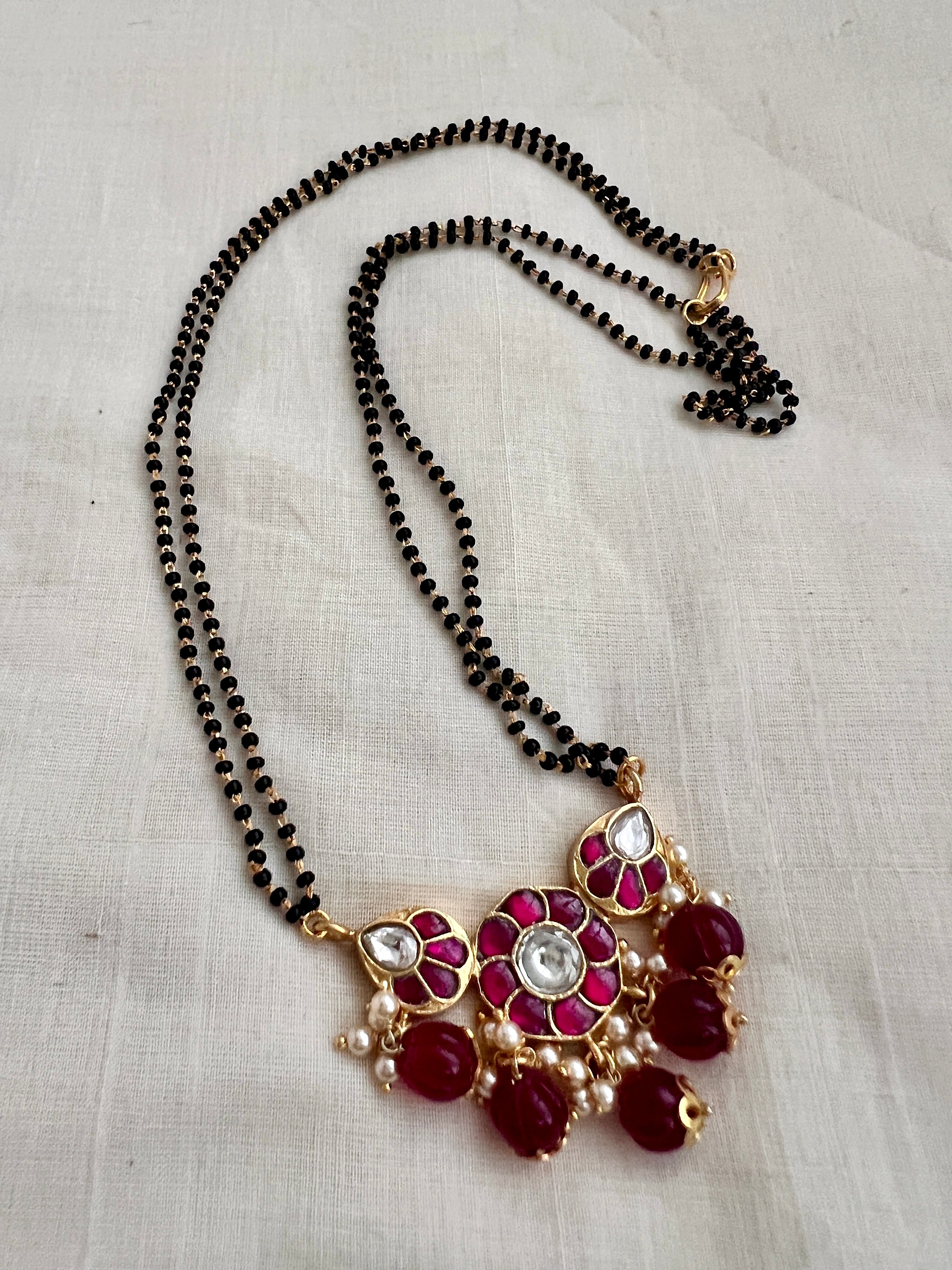 Gold polish black bead mangalsutra/thali style long chain-Silver Neckpiece-CI-House of Taamara