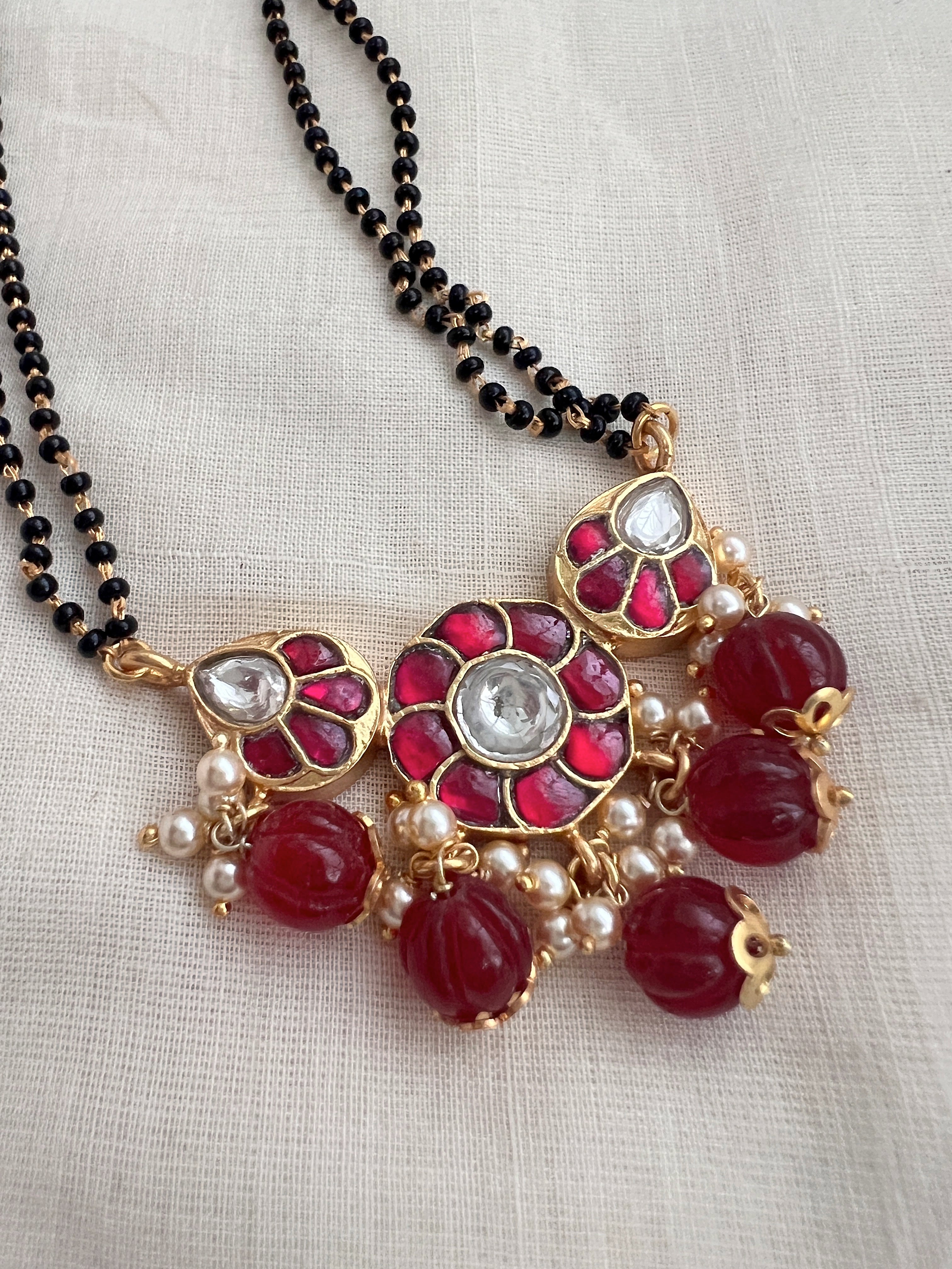 Gold polish black bead mangalsutra/thali style long chain-Silver Neckpiece-CI-House of Taamara