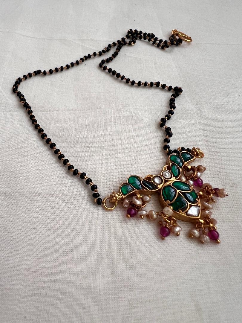 Gold polish black bead mangalsutra/thali style pendant chain-Silver Neckpiece-CI-House of Taamara