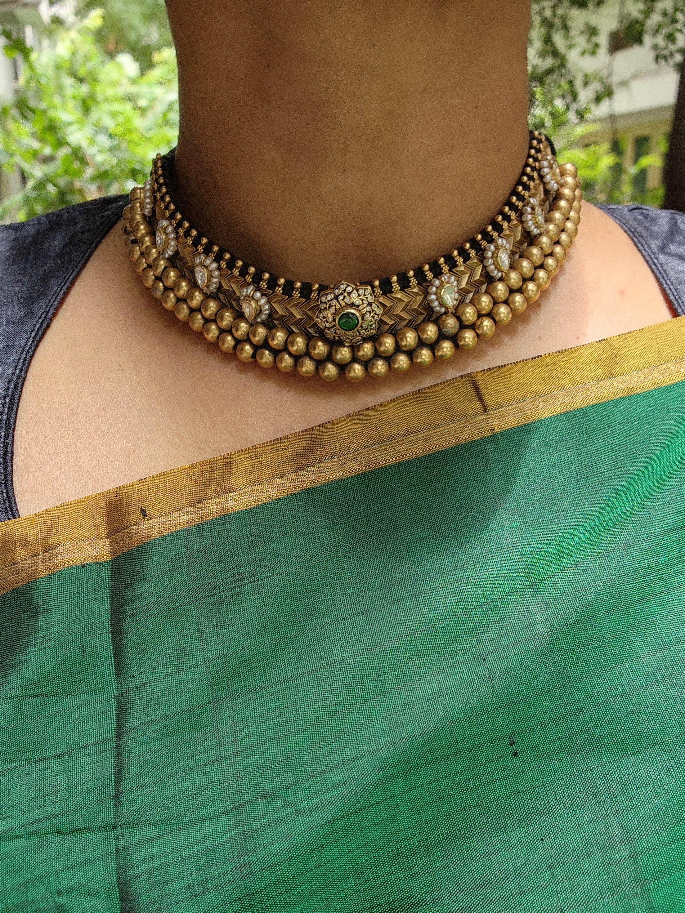 Gold polish black threaded thussi necklace-Silver Neckpiece-CI-House of Taamara