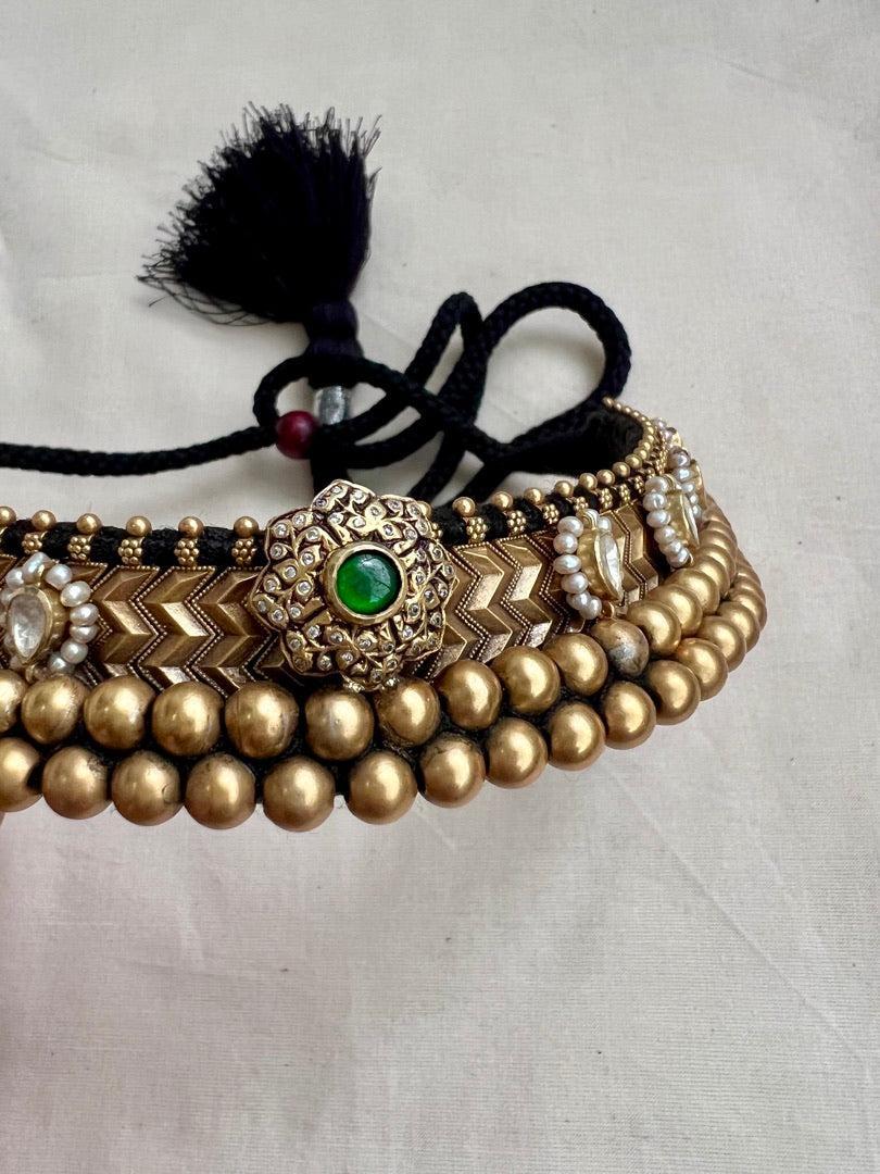 Gold polish black threaded thussi necklace-Silver Neckpiece-CI-House of Taamara