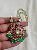 Gold polish blue jade & pearl beads chain with kundan, ruby and emerald pendant-Silver Neckpiece-CI-House of Taamara