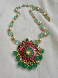 Gold polish blue jade & pearl beads chain with kundan, ruby and emerald pendant-Silver Neckpiece-CI-House of Taamara
