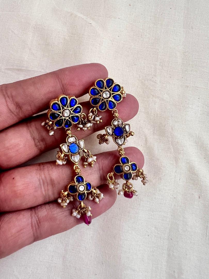 Gold polish blue kundan earrings with pearls-Earrings-CI-House of Taamara