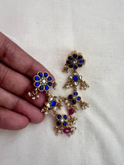 Gold polish blue kundan earrings with pearls-Earrings-CI-House of Taamara