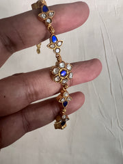 Gold polish blue kundan flower hook bracelet-Silver Bracelet-CI-House of Taamara