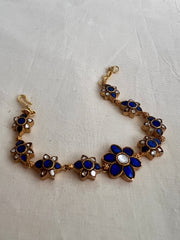 Gold polish blue kundan flower hook bracelet-Silver Bracelet-CI-House of Taamara