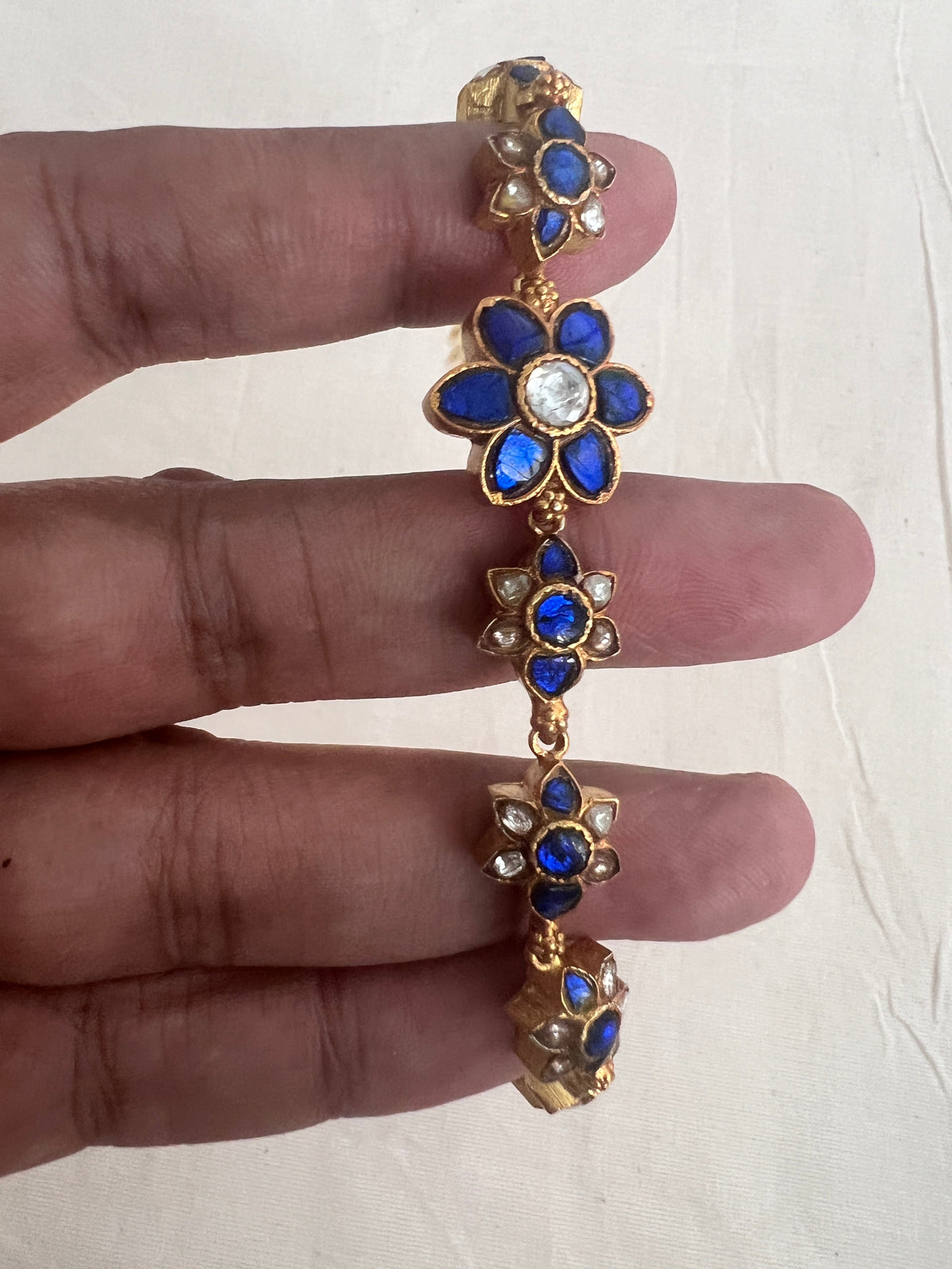 Gold polish blue kundan flower hook bracelet-Silver Bracelet-CI-House of Taamara