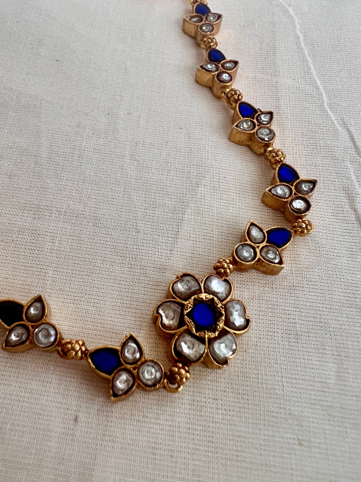 Gold polish blue kundan flower hook bracelet-Silver Bracelet-CI-House of Taamara