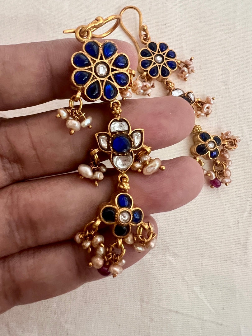 Gold polish blue kundan hangings with pearls-Earrings-CI-House of Taamara