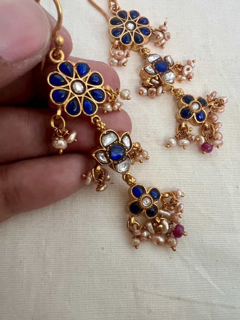 Gold polish blue kundan hangings with pearls-Earrings-CI-House of Taamara