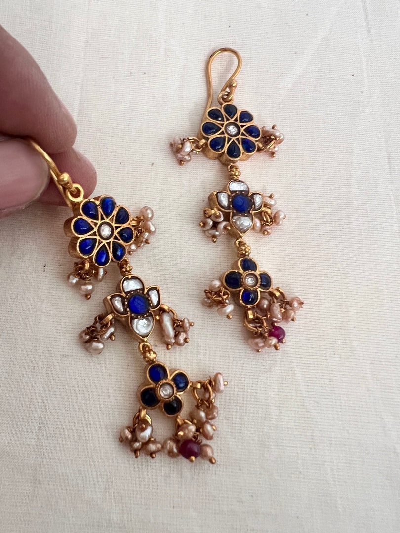 Gold polish blue kundan hangings with pearls-Earrings-CI-House of Taamara