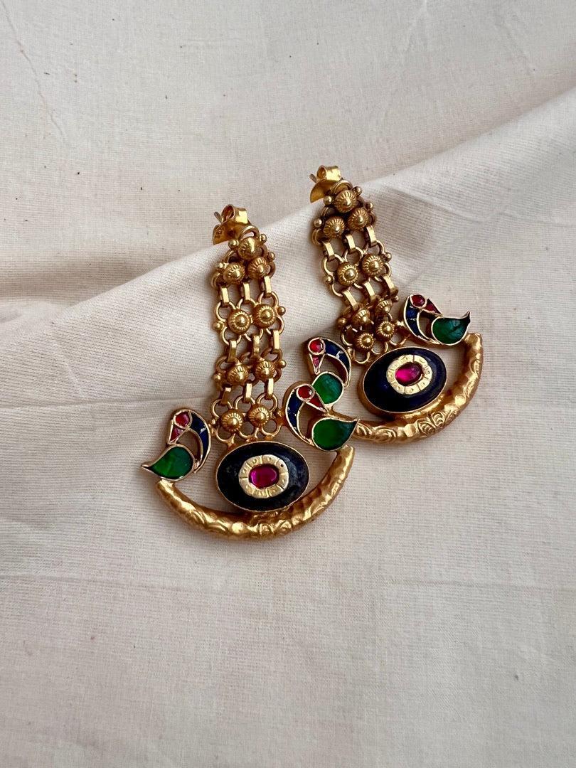 Gold polish blue kundan inlay hangings with peacock motifs-Earrings-CI-House of Taamara