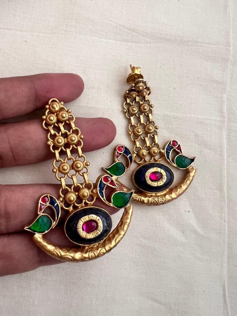Gold polish blue kundan inlay hangings with peacock motifs-Earrings-CI-House of Taamara