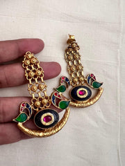 Gold polish blue kundan inlay hangings with peacock motifs-Earrings-CI-House of Taamara