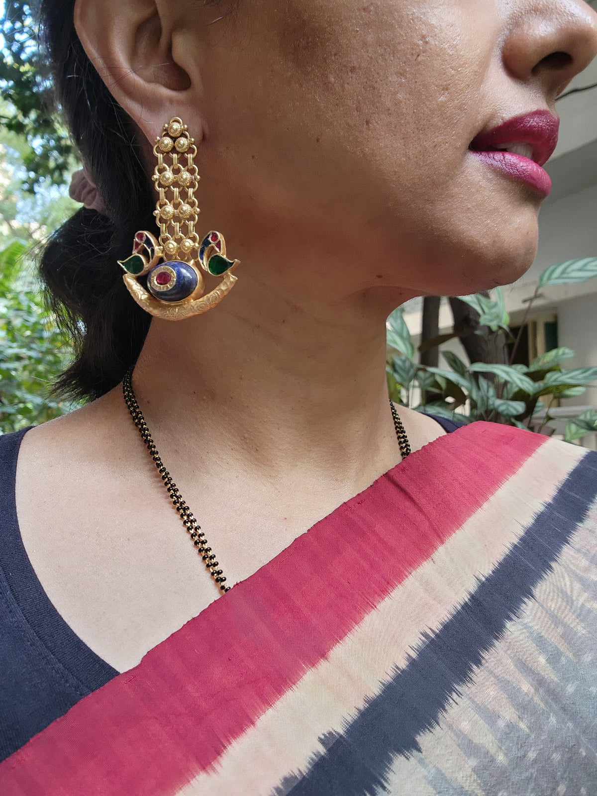 Gold polish blue kundan inlay hangings with peacock motifs-Earrings-CI-House of Taamara