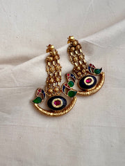 Gold polish blue kundan inlay hangings with peacock motifs-Earrings-CI-House of Taamara