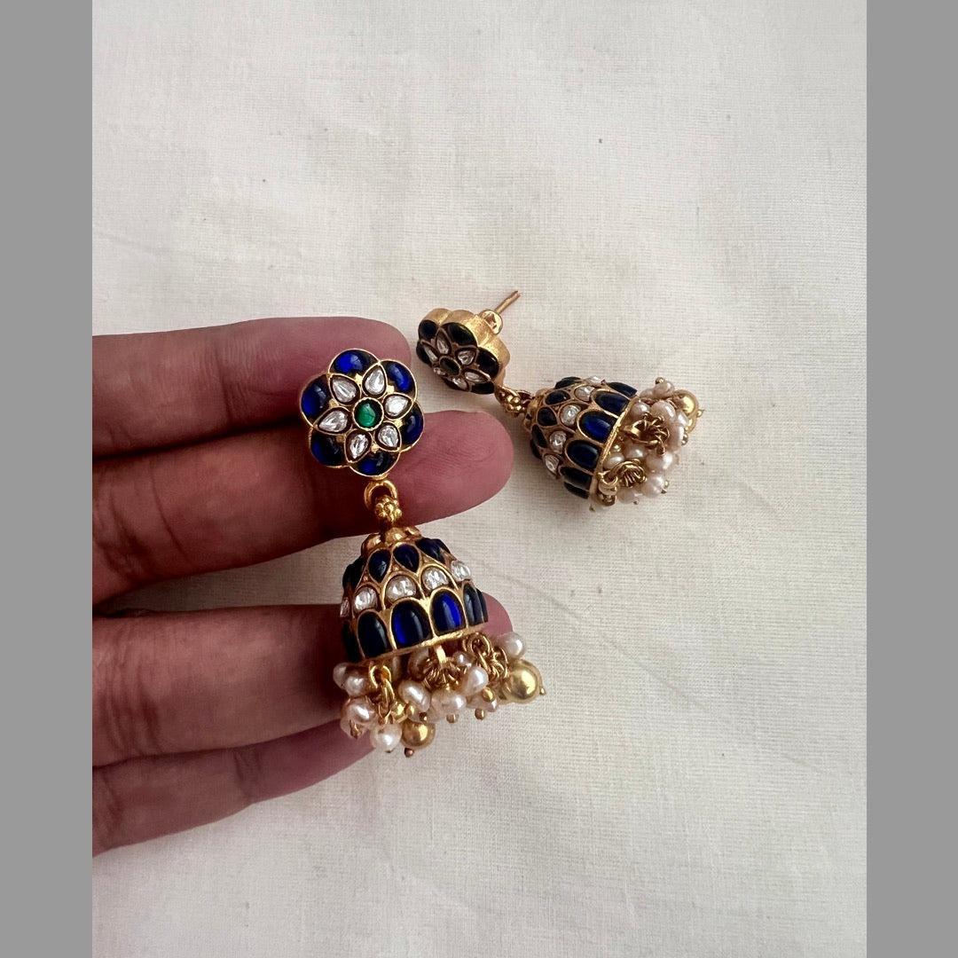 Gold polish blue kundan jhumkas with pearls-Earrings-CI-House of Taamara