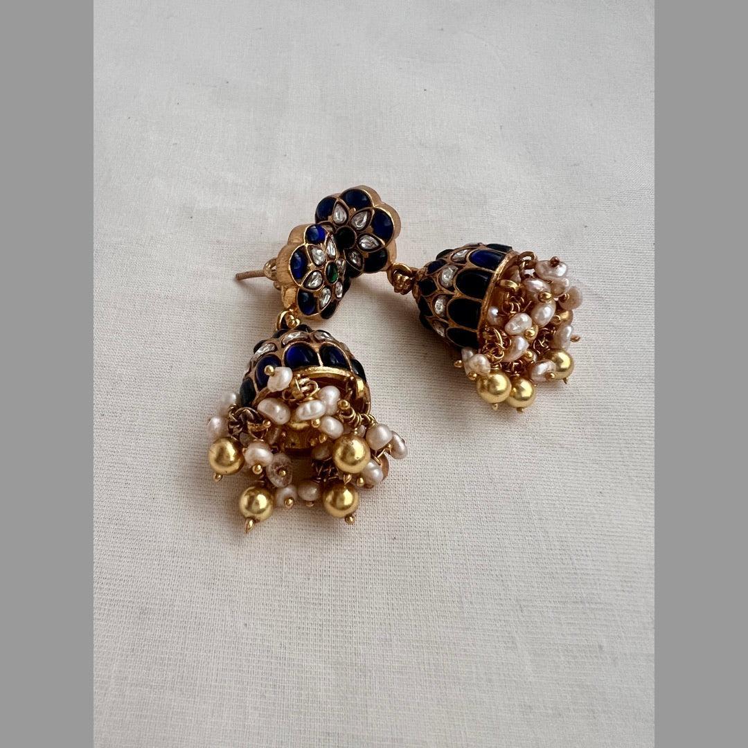 Gold polish blue kundan jhumkas with pearls-Earrings-CI-House of Taamara