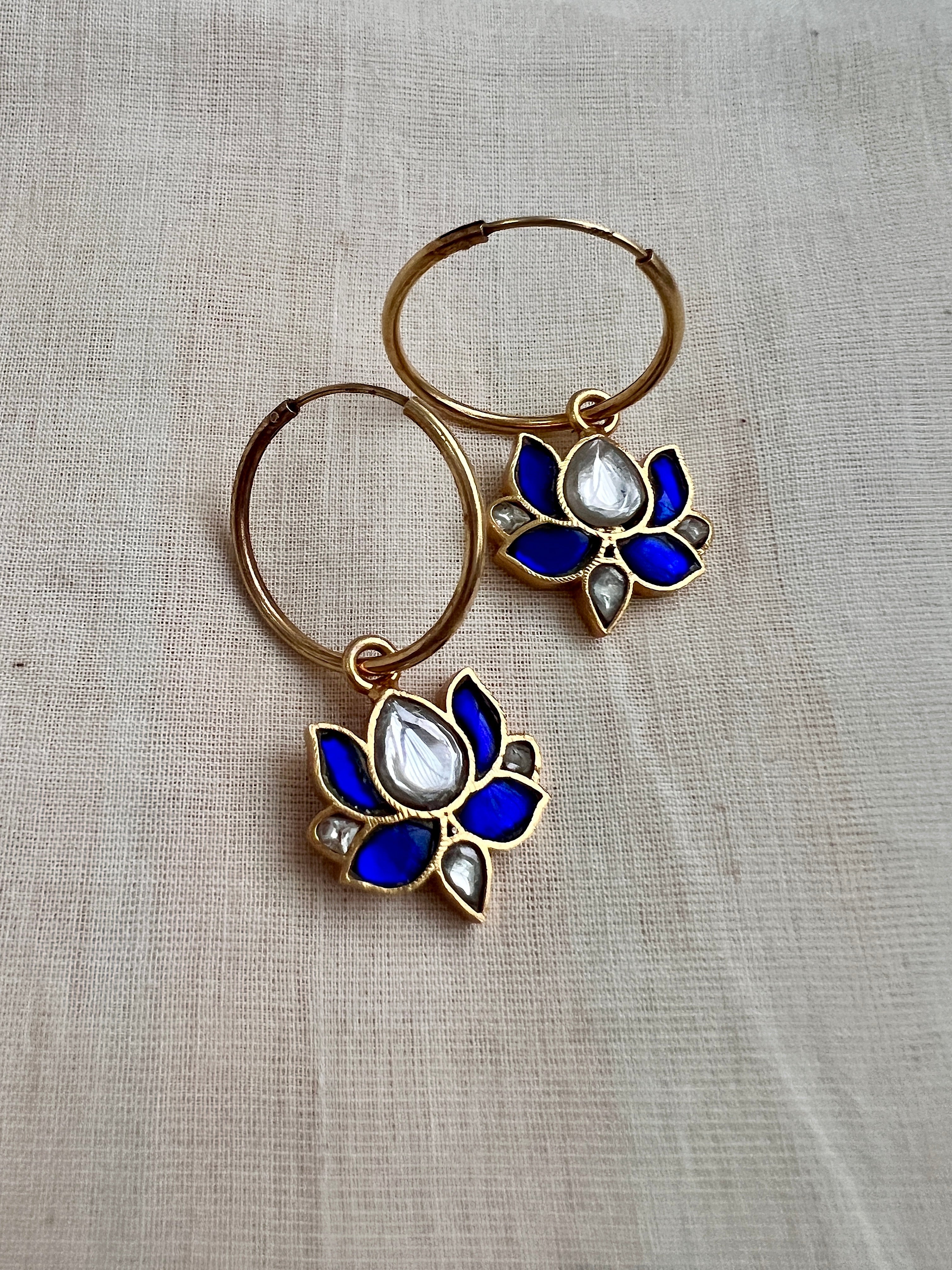 Gold polish blue kundan loop earrings-Earrings-CI-House of Taamara