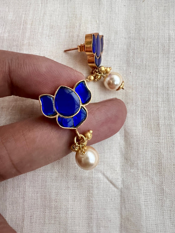 Gold polish blue kundan lotus studs with pearls-Earrings-CI-House of Taamara