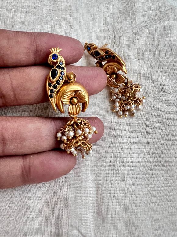 Gold polish blue kundan peacock earrings with pearls-Earrings-CI-House of Taamara
