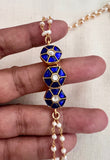 Gold polish blue kundan side mope with pearls long chain-Silver Neckpiece-CI-House of Taamara