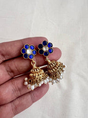 Gold polish blue kundan style jhumkas with pearls-Earrings-CI-House of Taamara