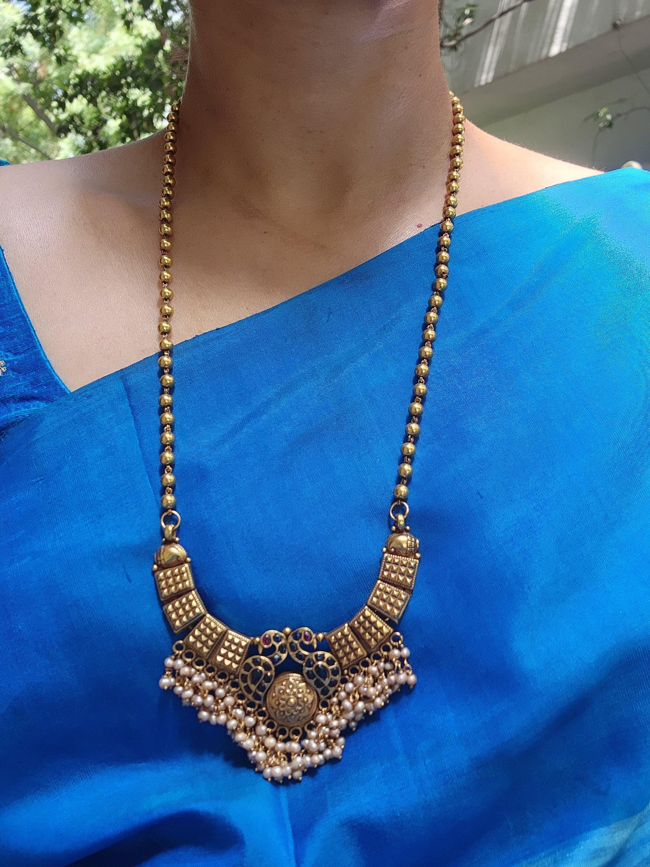 Gold polish blue & pink kemp stone pendant with gold beads chain-Silver Neckpiece-CI-House of Taamara