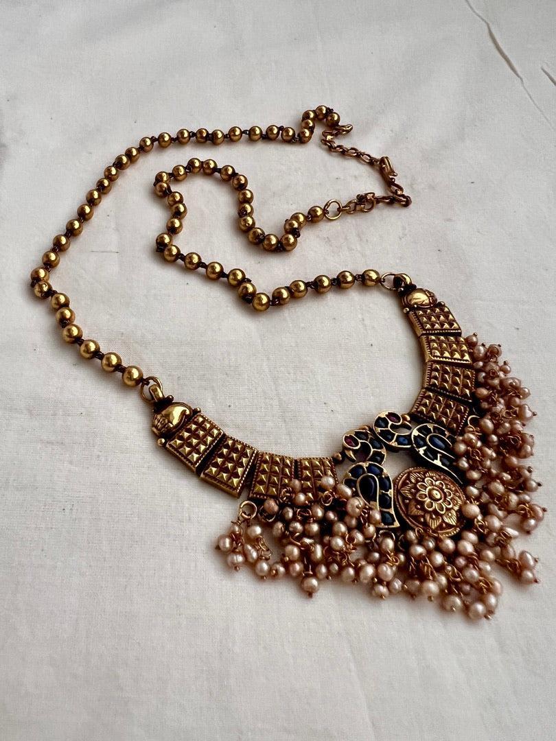 Gold polish blue & pink kemp stone pendant with gold beads chain-Silver Neckpiece-CI-House of Taamara