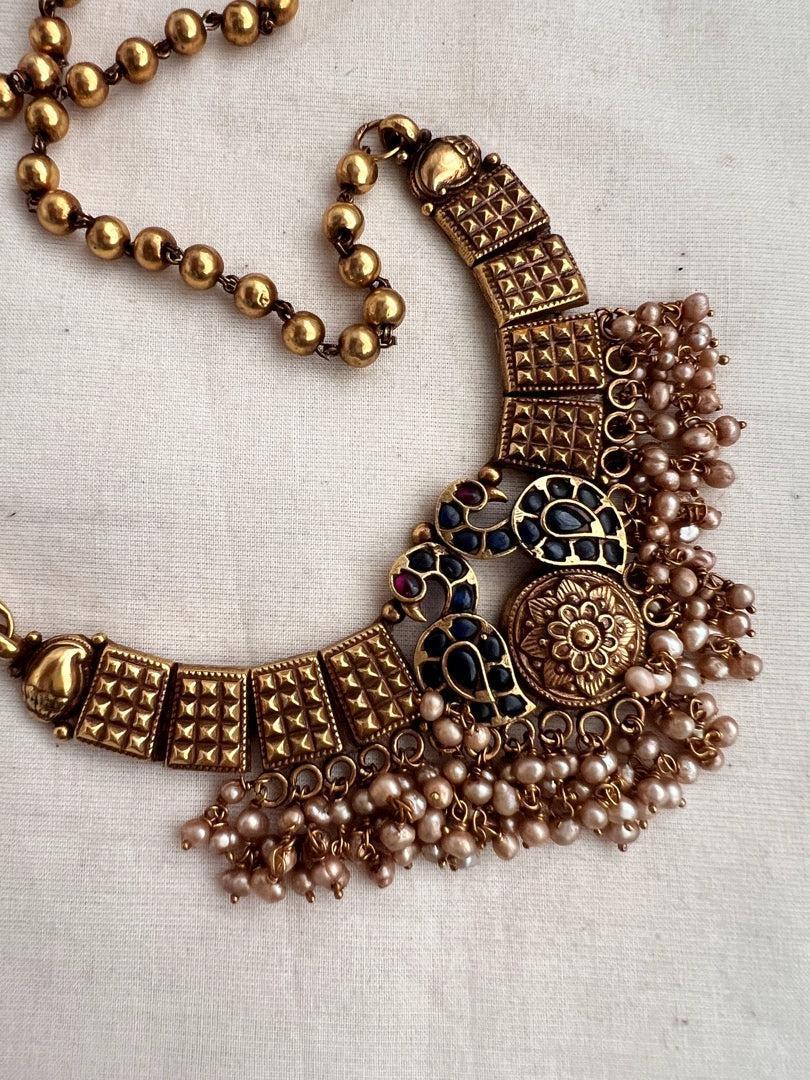 Gold polish blue & pink kemp stone pendant with gold beads chain-Silver Neckpiece-CI-House of Taamara