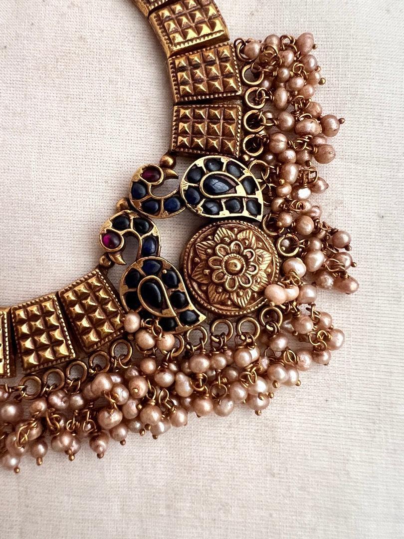 Gold polish blue & pink kemp stone pendant with gold beads chain-Silver Neckpiece-CI-House of Taamara